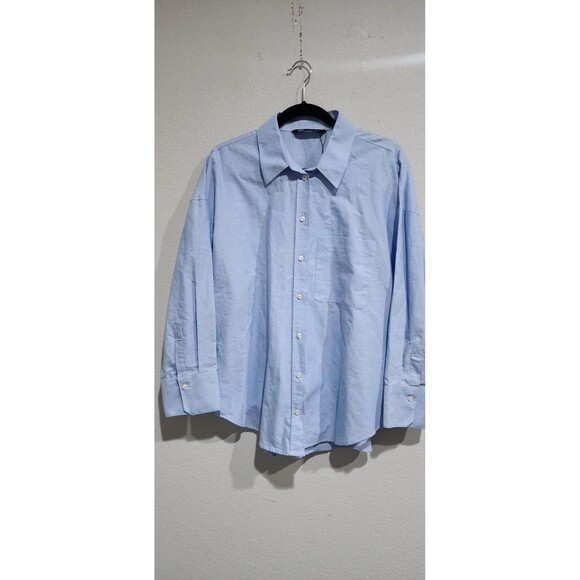 ZARA WOMAN OVERSIZED SATIN EFFECT POPLIN BUTTON DOWN SHIRT BLUE L - Picture 2 of 13